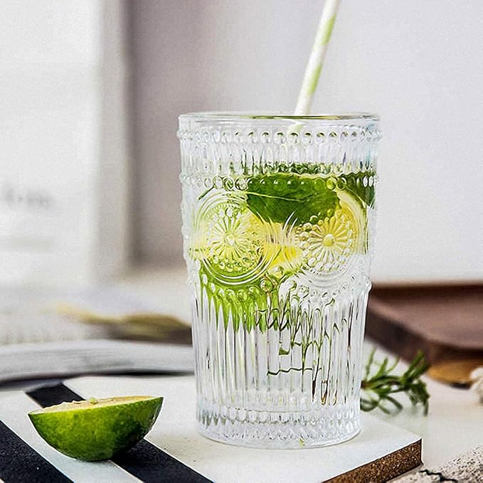 MDLUU Embossed Water Glasses, Romantic Glassware, Vintage Drinking Glasses, Glass Tumblers for Juice, Beverages, Cocktail, Capacity 12.5oz/370ml, Set of 4