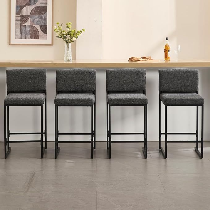 Modern Barstools Set of 4, 26” Upholstered Counter Height Bar Stools Sherpa Fabric Counter Stools with Padded Back Metal Frame for Kitchen Island Dining Room, Black