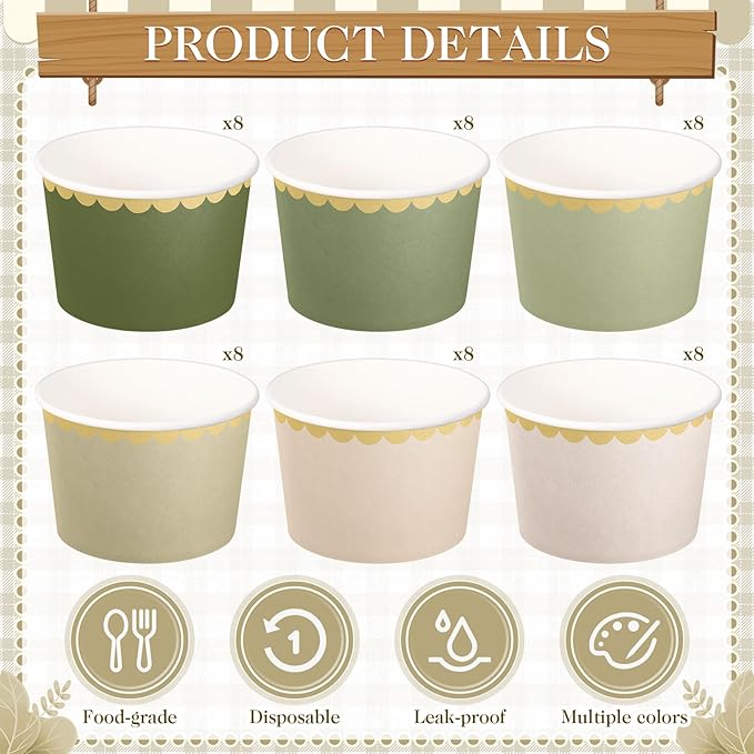 Zopeal 48 Pcs Sage Green Disposable Ice Cream Bowls 9oz Green Gradient Color Paper Snack Cups with Gold Scallop for Parties, Weddings, Baby Showers, Desserts, Yogurt, and Salads