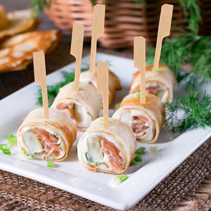 200 PCS Bamboo Skewers for Appetizers, 3.5 Inch Toothpicks, Cocktail Picks for Drinks, Fruit Kababs, Sausage, Barbecue Snacks, Natural Wooden Paddle Skewer Mini Food Sticks, Charcuterie Accessories