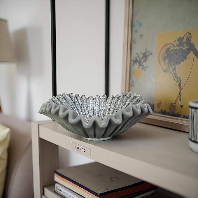 Large Decorative Bowl decor, Scalloped Pedestal Bowls for Modern Home Decor,Ruffle Decor,Stylish Key Bowl for Entry Table,Decorative Fruit Bowl for Kitchen Counter,Artificial Stone Marble Color