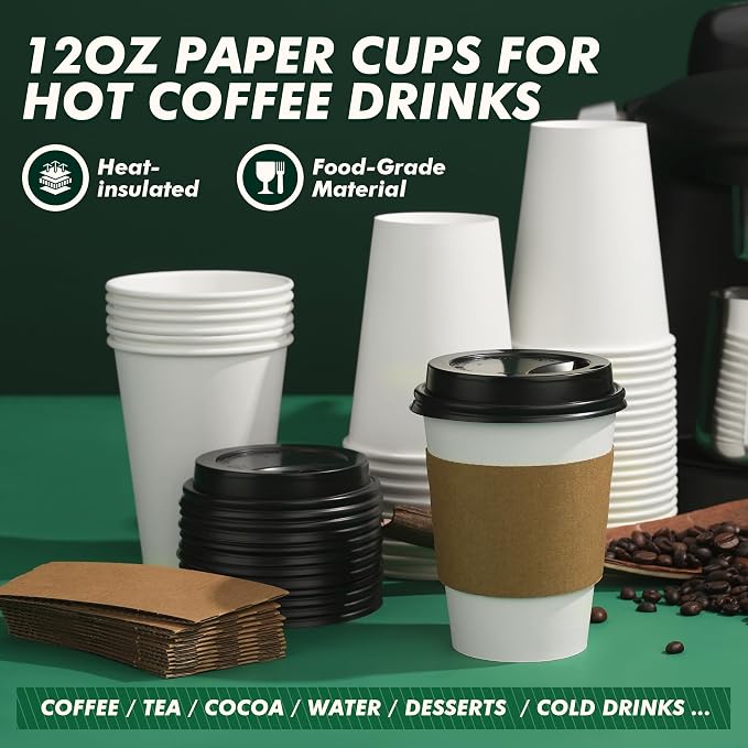 12 oz Coffee Cups with Lids and Sleeves 100 Pack, Thickened Paper Cups - Image 7