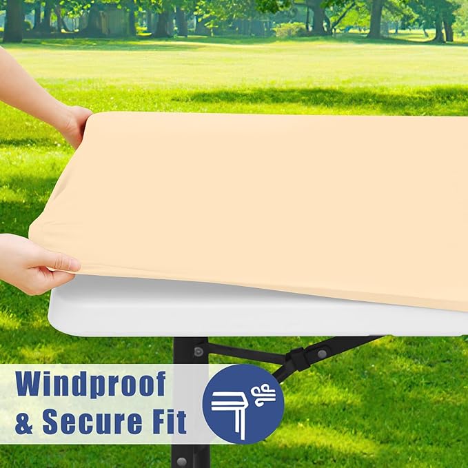 Spandex 8 Foot Rectangle Table Cloth 2 Pack, Elastic Fitted Tablecloths for Picnic, Stretch Washable Patio Table Cover for Outdoor, Camping, Banquet and Parties(Ivory, 30"x96")
