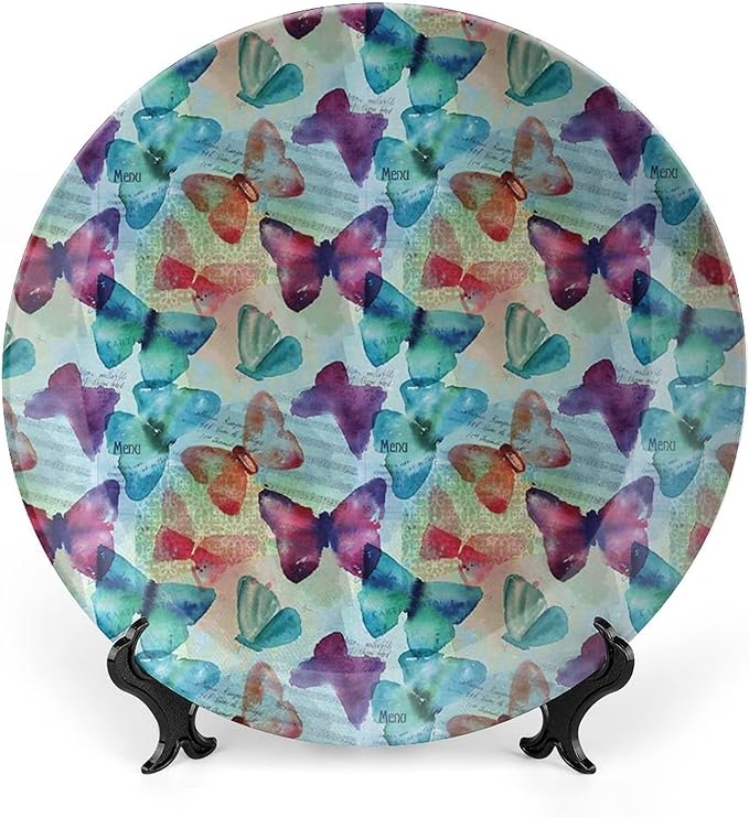 Ceramic Plates, Abstract Decorative Ceramic Plates, Watercolor Rainbow Colored Butterflies and Letterings Music, 10 Inch, Household Plates Decorative, Multicolor