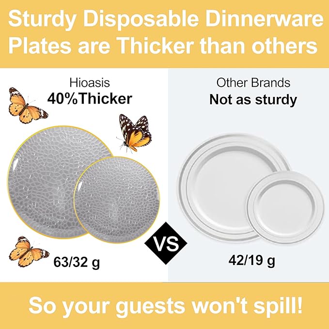 Hioasis 60pcs Black Plastic Plates - Gold Rimmed Disposable, Hammered, Heavy-duty Dinnerware Set Suitable for 30 Guests, 10.25" Dinner & 7.5" Dessert Plates for Party & Wedding