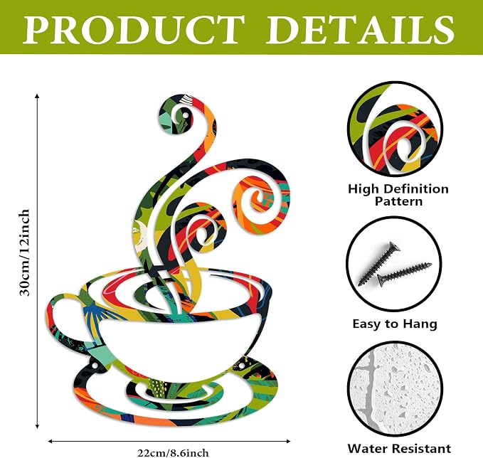Oubasa Metal Pour Coffee Cup Wall Decor, Minimalist Cafe Themed - Image 3