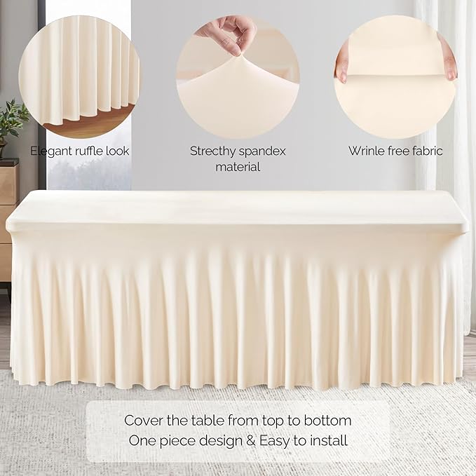 Wish Care 6 Pack Ivory Spandex Table Clothes for 4 Foot Rectangle Tables, 4FT Wrinkle Free Fitted Tablecloths Ruffles Design Table Cover for Party, Banquet, Wedding and Events