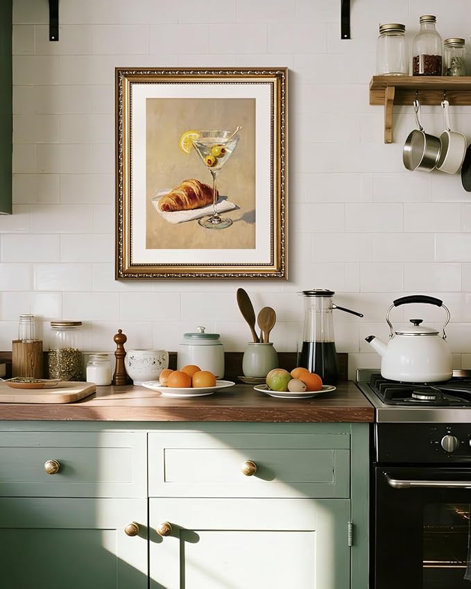 InSimSea Gold Framed Wall Art, Kitchen Dining Room Vintage Cocktail Martini Croissant Wall Shelf Decor, Still Life Canvas Print Art, Home Bar Decor, Antique Paintings with Picture Frame 13x16inch