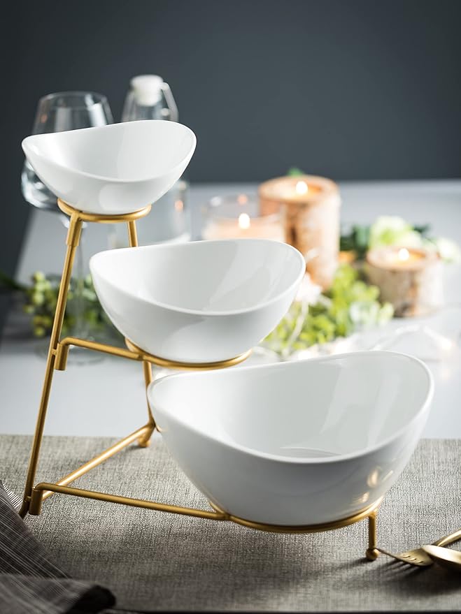3 Tier Serving Bowls with Stand, Chips and Dip Serving Dishes Set for Entertaining Party, Ceramic Fruit Bowl for Salad Soup Snacks, Microwave & Dishwasher Safe
