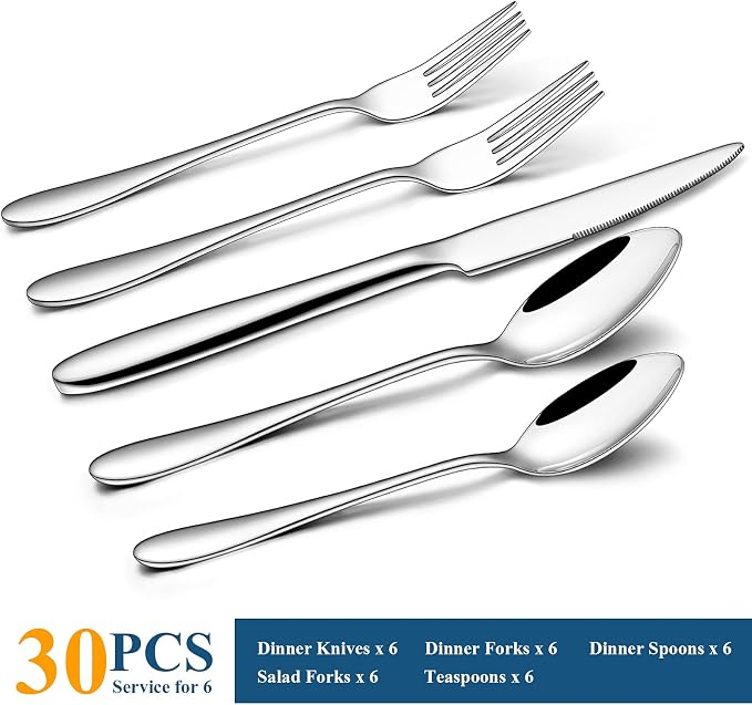 30-Piece Silverware Set, Wildone Stainless Steel Flatware Set Service - Image 2