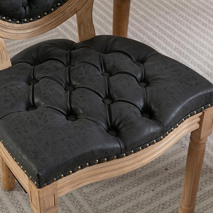 Ball & Cast French Vintage Upholstered Dining Chairs Set of 2, Button Tufted Kitchen Side-Chairs with Carved Antique Wood Frame & Nailhead Trims, PU-Leather Curved Backrest Louis Chair, PU Black