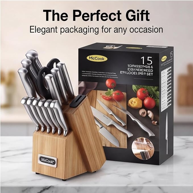 McCook Knife Set Kitchen Steel Knife Block Set w Built-in Sharpener | German - Image 8