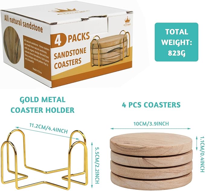 Natural Sandstone Coasters Set of 4 with Holder, 4 in Dia Drink Coasters for Coffee Table, Water Absorbent & Heat Resistant Cup Coaster for Home & Office, Christmas Birthday Gift