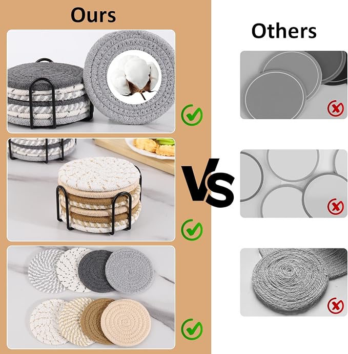 16Pcs Drink Coasters with Holder, 8 Colors Absorbent Coasters Minimalist Cotton Woven Coaster for Living Room Decor,Tabletop