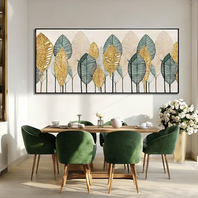 CHUDANHAO Green and Gold Wall Art Leaves Wall Decor Modern Canvas Painting 32"x70" Pictures for Dining Room Area Large Artwork for Living Room