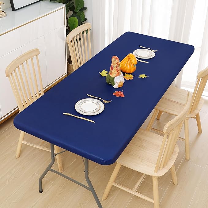 Smiry Rectangle Tablecloth, Elastic Fitted Flannel Backed Vinyl Tablecloths for 6ft Folding Tables, Waterproof Wipeable Table Covers for Indoor, Outdoor, Picnic and Camping (Navy, 36"x72")