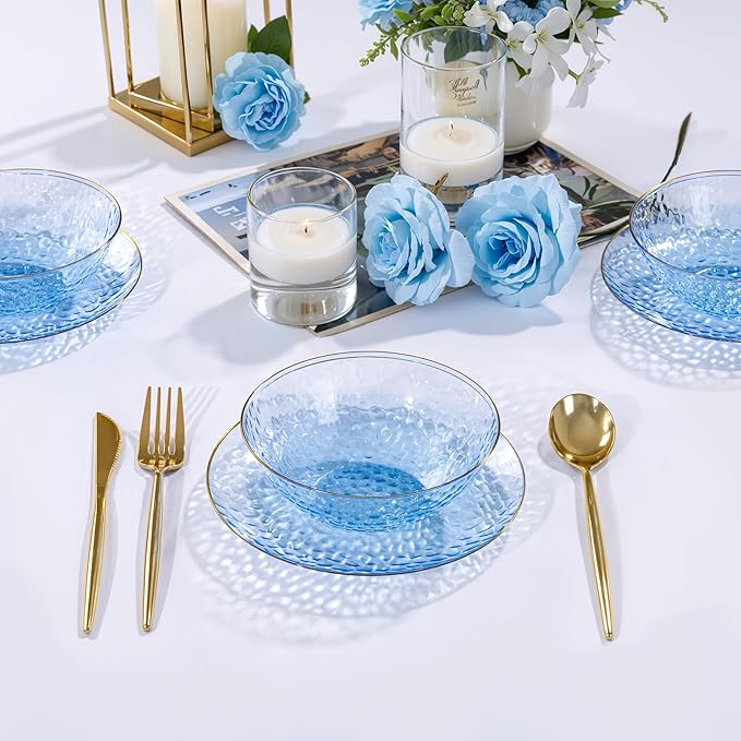 I00000 20 Pack 12 Ounce Blue Plastic Bowls Hammered Gold Rimmed Crystal Like, Heavy duty Disposable Bowl Set,Elegant Soup/Salad/Dessert/Ice Cream Bowls For Party, Weddings, Catering