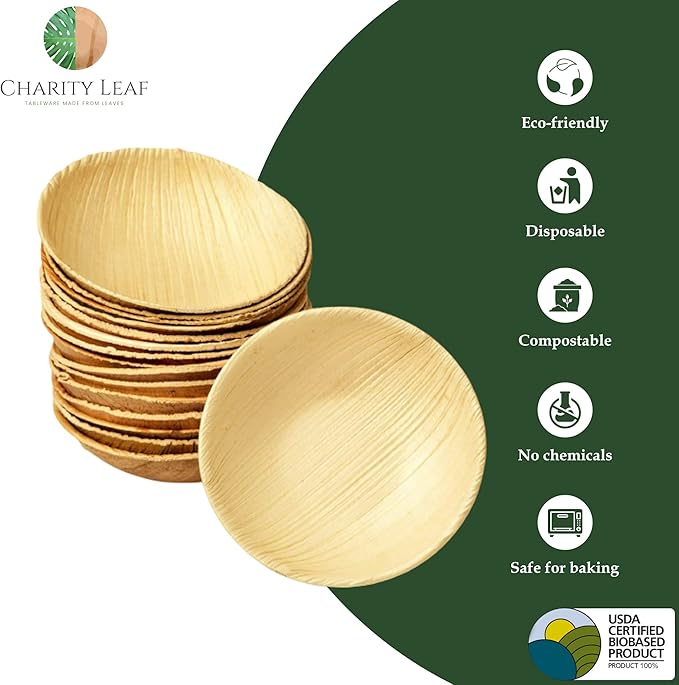 Charity Leaf Disposable Palm Leaf 3.5" Round Mini Bowl (25 pcs) Dipping Bowls | Bamboo Like| All Natural and Biodegradable | Charcuterie Boards, BBQs, and Parties