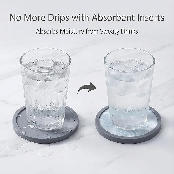 Absorbent Coasters for Drinks with Holder - 6packs, Silicone Coaster with Soft Felt Insert (4.3 inch Coasters with 4.5 inch Holder, Marble Style)