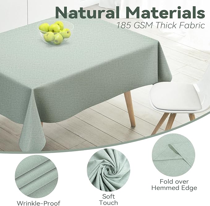 Rectangle Tablecloth Linen Texture Waterproof and Stain-Resistant Table Cloth, Kitchen Dining Table Decoration, Fabric for Outdoor and Indoor Use, 52 x 70 inch, Sage Green