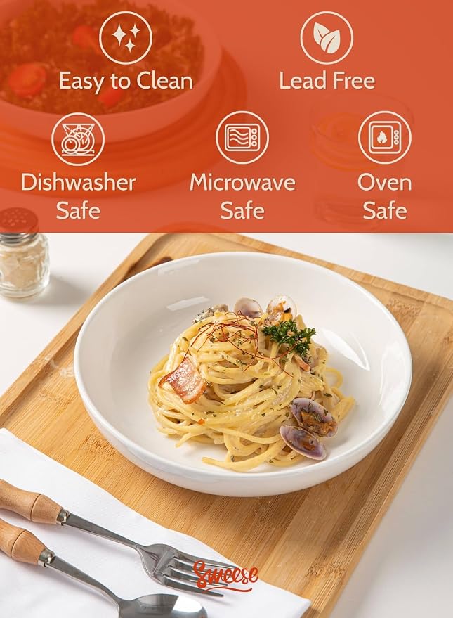 Sweese 22oz Porcelain Pasta Bowls Set of 6-7.6 Inch White Salad Serving Plates - Image 3