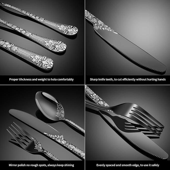 40 Piece Black Silverware Set, Stainless Steel Flatware Cutlery Set Service - Image 4