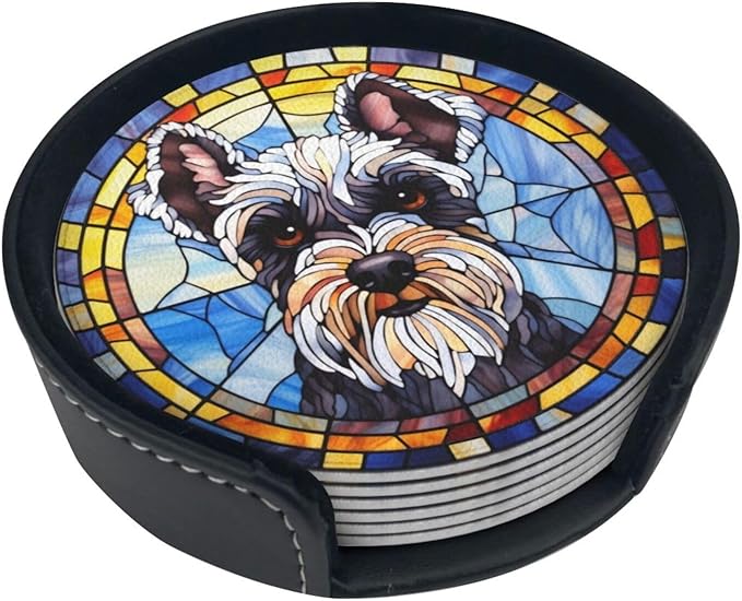 Drink Coaster Set of 6, Schnauzer Dog Mom Lover Gift,Leather Drink Coasters with Holder,6 Pack Cup/Bar/Drink Coasters for Table/Drinks/Coffee Protection Housewarming Gift