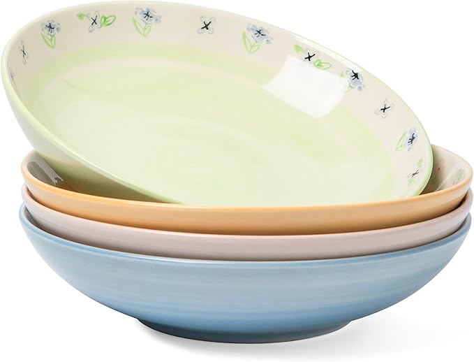 Handmade 8.4'' Ceramic Large Pasta Bowls Set of 4 – 35oz Floral Salad Bowls for Pasta, Soup, Noodles, Salad & Dinner – Microwave, Dishwasher & Oven Safe – Spring Blossom