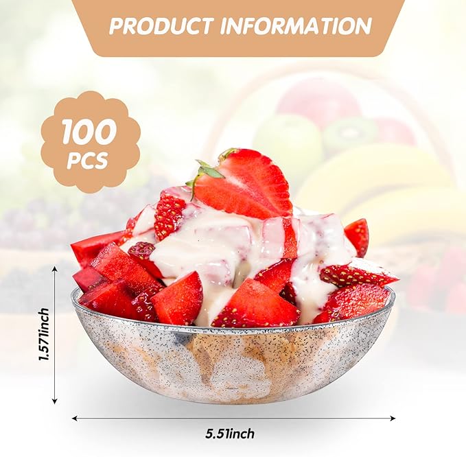 Gerrii 100 Pack Gold Glitter Plastic Bowls 14oz Disposable Salad Serving Bowls Heavy Duty Clear Dessert Soup Containers for Party, Wedding, Birthday, Dinner and Christmas(Silver)