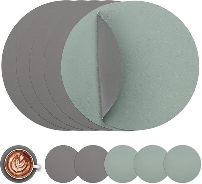 Myir JUN Round Placemats Set of 6 Faux Leather Place Mats and Coasters 15 inch Round Table Mats Dual Sided Non-Slip Stain Resistant Placemats (Gray & Sage Green, Set of 6)