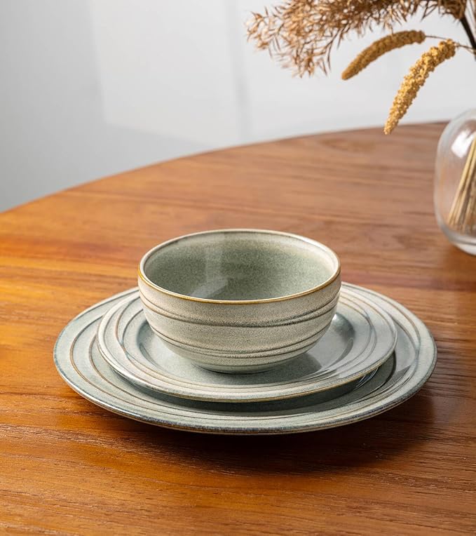 GBHOME Ceramic Dinnerware Sets,12 pcs Embossed Elegant Stoneware Plates and Bowls Sets, Housewarming Wedding Gift | Dishwasher & Microwave Safe | Dishes Set Service for 4,Desert Sage