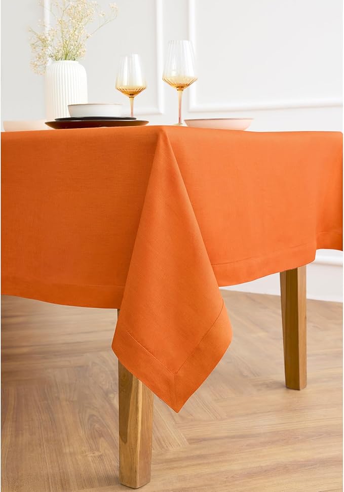 Solino Home Linen Tablecloth for Rectangle Tables 60 x 90 Inch - 100% Pure Linen Persimmon Orange Table Cloth - Fete, Machine Washable Cloth Tablecloth for Spring, Easter