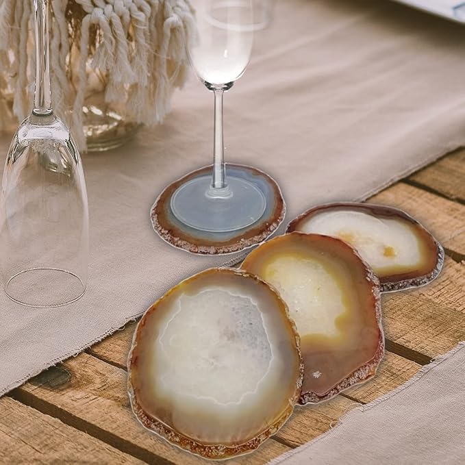 Natural Agate Coaster for Drinks Sliced Geode Coasters with Rubber Bumpers 4-5" Home Decoration for Coffee Wine or Bar Glasses Set of 4
