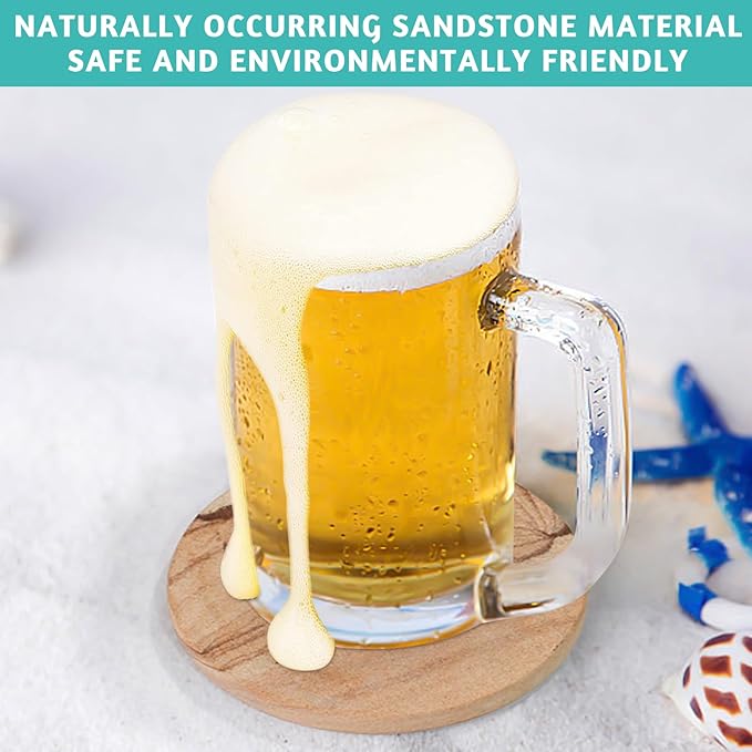 Natural Sandstone Coasters Set of 6 with Holder, 4 in Dia, Round, Heat Resistant & Absorbent, for Home & Office