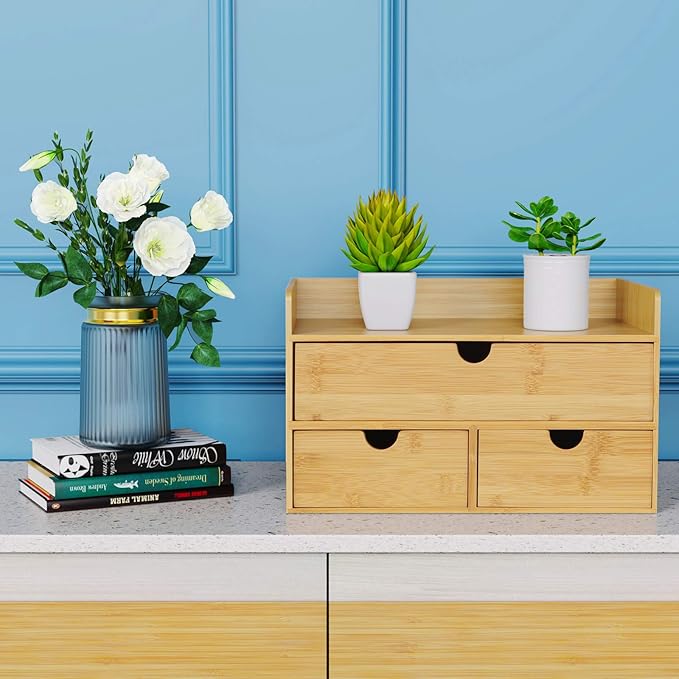 Wisuce Bamboo Desk Organizer, Mini Desktop Drawer Tabletop Storage Organization Box for Office Home Toiletries Supplies Vanity, No Assembly Required (3 Drawer with Shelf)