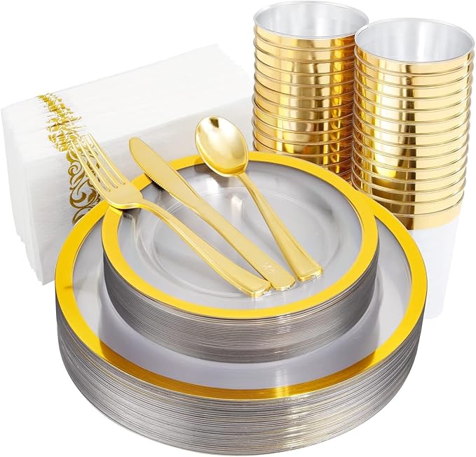 YOUBET 210PCS Gold Plastic Plates - Heavy Duty Clear Gold Disposable Plates Includes 30 Dinner Plate, 30 Dessert Plate, 30 Gold Cups, 30 Napkins for Party & Wedding