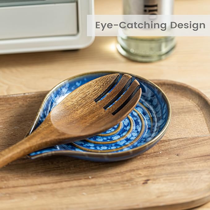 LAUCHUH Spoon Rest for Stove Top - 5” Ceramic Spoon Holder Stylish Utensil Holder for Kitchen Countertops, Ladle, Coffee Spoons, Cooking Spoons, Spatula, Tongs, Heat-Resistant, Starry Blue