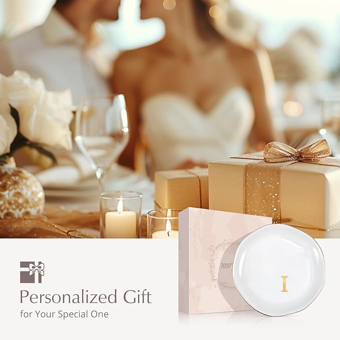 ProCase Ceramic Jewelry Tray, Initial Ring Dish Trinket Plate Engagement Gift, Small Personalized Monogram Ring Bowl for Wedding, White Decorative Jewelry Holder for Women Vanity -Letter I