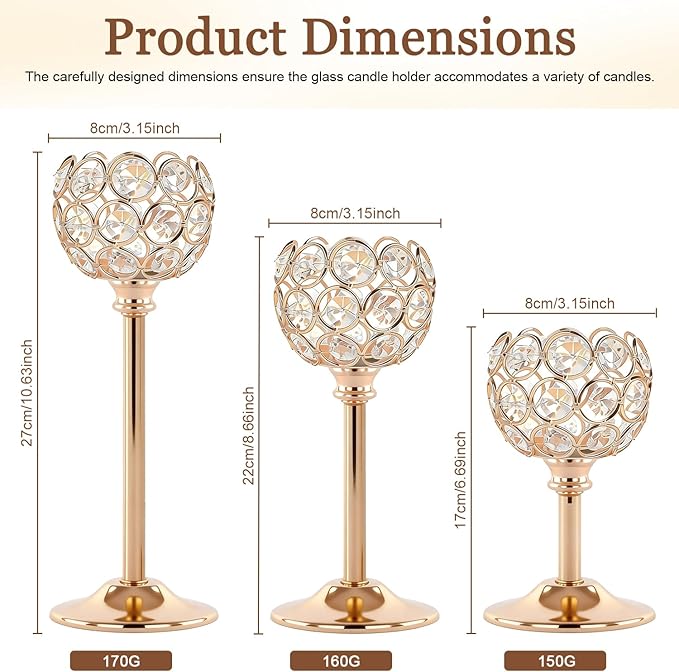 Crystal Candle Holders 2 Set of 6 - Gold Vintage Hollow Ball Candle Stand for Table Centerpiece, Crystal Metal Tealight Candlestick for Wedding, Dining Room Decor