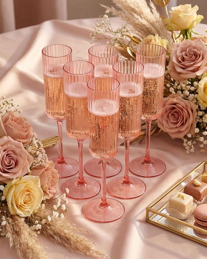 Ciaell 24 Pack Pink Plastic Champagne Flutes - 6oz Ribbed Disposable Champagne Glasses - Pink Vintage Mimosa Glasses with Long Stem, Elegant & Lightweight for Weddings and Party