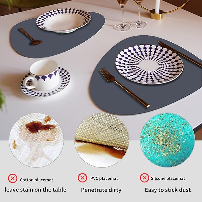 Faux Leather Placemats and Coasters Set, Round Leather for Dinner Table Mats Heat Resistant Non-Slip Washable Insulation Coffee Mats Kitchen Place Mats Nordic Style (Navy Gray, 2 Placemats+2 Coasters)