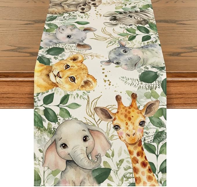 Artoid Mode Animals Elephant Giraffe Baby Shower Table Runner, Seasonal Spring by ArtoidMode