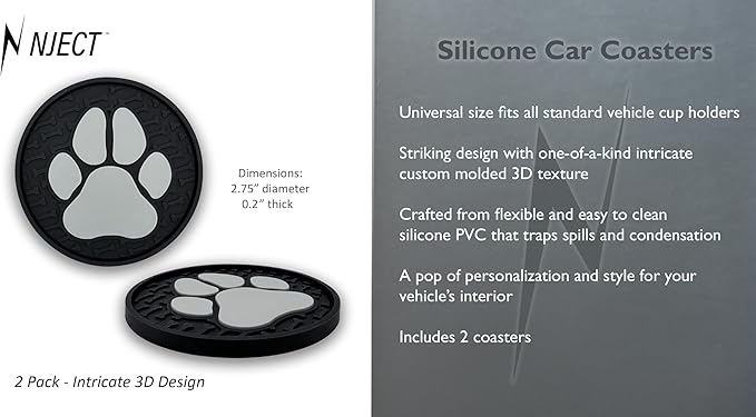Paw Print Automotive 3D Textured Silicone Coasters (2.6" Diameter) | Universal Fit for All Cars, Trucks, SUVs & More | Non-Slip Durable | Set of 2