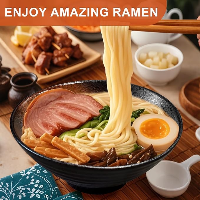 8-Inch Ceramic Ramen Bowl Set of 4 (17 Piece) - Porcelain Japanese Salad Noodles Cereal Fruit Pasta Soup Large Bowls with Recipes Chopsticks Forks Spoons for Men Women Gift Microwave Dishwasher Safe