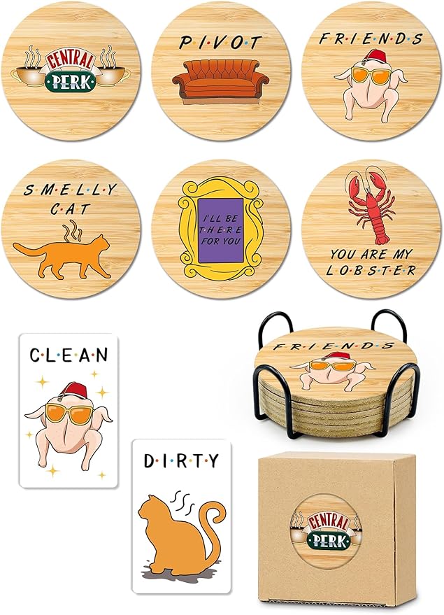 Friends TV Show Merchandise,6 PCS Cork Coasters for Drinks,Funny Coaster Set with Coasters Holder,Friends TV Fans Clean Dirty Dishwasher Magnet,Refrigerator Sign Kitchen Decor Gifts