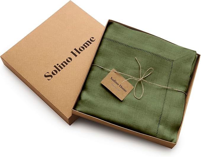 Solino Home Olive Linen Tablecloth 60 x 156 Inch - 100% Pure Linen Classic Hemstitch Table Cloth for Rectangle Tables - Machine Washable Tablecloth for Wedding, Parties, St Patricks Day