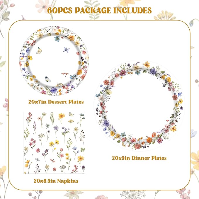 60Pcs Wildflower Paper Plates and Napkins Party Supply, Serves 20 | Floral Baby - Image 2