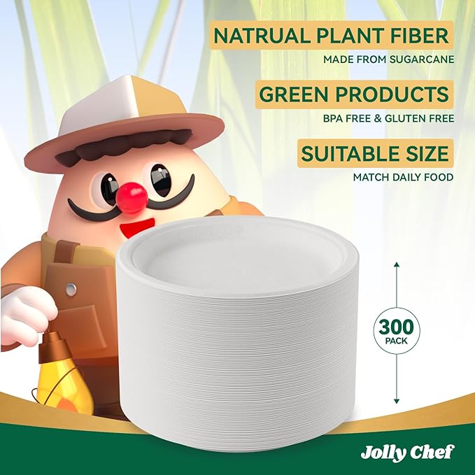 JOLLY CHEF Compostable Heavy Duty Plates 9 Inch [300 Pack] Eco-Friendly Disposable White Paper Plates Bagasse Biodegradable Sugarcane Bulk for Party Dinner Lunch Hot Cold Foods Christmas