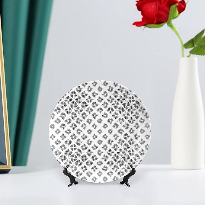 Ceramic Display Plate, Abstract Ceramic Hanging Decorative Plate, Minimalist Geometric Diamond Shaped Square Lines, 8 Inch, Household Custom Ceramic Plate, Black White