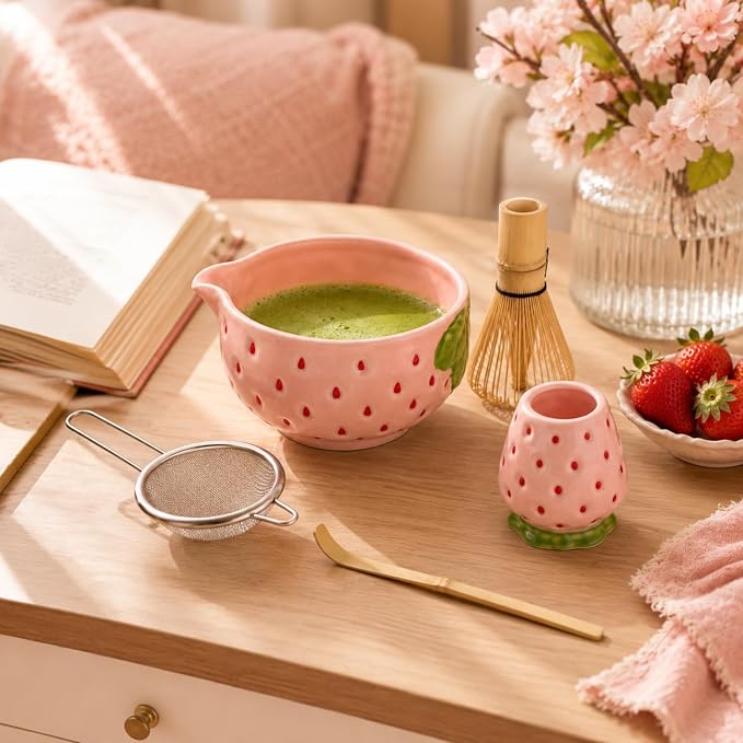 5 Pcs Matcha Whisk Set Pink Matcha Kit Cute Strawberry Design | Ceramic - Image 9